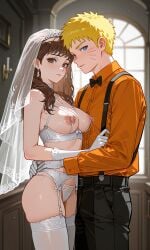 1boy 1female 1girls ai ai_generated blonde_hair blue_eyes bra breasts brown_eyes brown_hair crossover female gloves harry_potter hermione_granger hogwarts hogwarts_school_uniform jewelry lingerie lingerie_bra lingerie_panties male naruto nipples open_nipple_bra orange_hair short_hair tiara uzumaki_naruto veil white_gloves