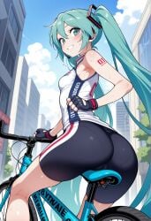 1girls ai_generated aqua_eyes aqua_hair armpits ass ass_focus bare_shoulders bicycle bike_shorts blush bodysuit cameltoe city earbuds female fingerless_gloves from_behind from_below hatsune_miku looking_at_viewer looking_back nibba outdoors shiny_skin sitting sleeveless small_breasts smile sweat tattoo_on_arm twintails very_long_hair