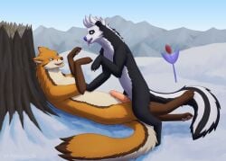 2025 animal_genitalia animal_penis ayabir_(flower) black_body black_fur blue_eyes blush brown_body brown_fur canid canine canine_genitalia canine_penis claws detailed_background digitigrade duo ears_back erection female feral feral_on_feral fox fox_tail full-length_portrait fur genitals hi_res imminent_sex lying male male/female mammal melia_(whitedragoncito) mephitid mountain on_back open_mouth orange_eyes pawpads penis pivoted_ears portrait signature skunk smile snow tongue tongue_out white_body white_fur whitedragoncito