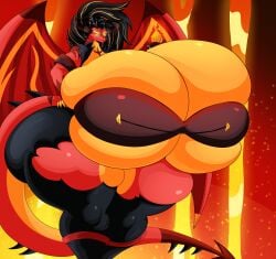 4_eyes anthro anthro_female ass_bigger_than_body ass_bigger_than_head ass_bigger_than_torso back_view big_ass big_breasts big_thighs black_hair black_leggings breasts_bigger_than_body breasts_bigger_than_head breasts_bigger_than_torso cleavage cleavage_overflow demon demon_girl dragon dragon_girl dragon_tail dragon_wings female female_satan_(helluva_boss) fire helluva_boss horns huge_ass huge_breasts huge_thighs hyper hyper_ass hyper_breasts hyper_thighs leather_jacket magic massive_ass massive_breasts massive_thighs orange_skin red_skin ripping_clothing rule_63 satan_(helluva_boss) shadow_the_wolf spiked_bracelet spikes_(anatomy) underboob wings yellow_eyes
