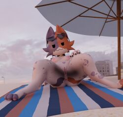 3d_(artwork) absurd_res akittu anthro anus areola arm_tuft athletic beach beach_towel bedroom_eyes bell bell_collar black_claws blender_(artwork) blender_cycles blue_towel bodily_fluids brown_body brown_fur brown_hair brown_towel building calico_cat cate_meowdy claws cloud cloudy_sky collar crosshair digital_media_(artwork) domestic_cat epic_games exhibitionism eyebrows eyewear eyewear_on_head felid feline felis female fortnite fur genitals grey_cloud hair hand_on_leg hand_on_thigh head_tuft heart_symbol hi_res leg_tattoo light_pole looking_at_viewer low-angle_view mammal markings multicolored_body multicolored_ears multicolored_fur multicolored_hair multicolored_head multicolored_toes multicolored_towel narrowed_eyes nipples orange_toes parasol pawpads photo_background photography_(artwork) pink_areola pink_nipples presenting presenting_anus presenting_pussy purple_body purple_fur purple_hair purple_toes pussy raised_eyebrow reclining sand seductive shoulder_tuft sky smile smiling_at_viewer smirk smirking_at_viewer snaggle_tooth solo spread_legs spreading star_symbol sunglasses sunglasses_on_head sunset sweat tail tattoo towel tuft umbrella water wet wet_body white_body white_fur white_tail white_towel womb_tattoo