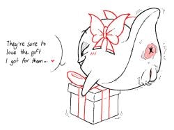 1girls anus arcticwhite blush boo_(mario) ellipsis english_text female female_only genitals ghost gift half-closed_eyes heart_symbol lady_bow mario_(series) narrowed_eyes nintendo not_furry paper_mario pussy smile solo spirit text vulva