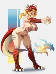 1girls blonde_hair breasts commission dragon dragon_girl dragon_horns dragon_scales dragon_tail female full_body human lainart large_breasts red_hair simple_background solo solo_female stretching two_tone_hair