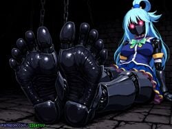 ai_generated android android_girl aqua_(konosuba) aqua_hair barefoot feet foot_fetish foot_focus gigatsu glowing_eyes kono_subarashii_sekai_ni_shukufuku_wo! pixel_art robot robot_girl sole_female soles toes