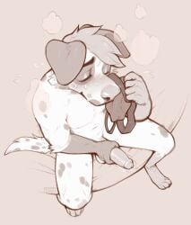 anthro balls bodily_fluids canid canine canis cheek_tuft closed_eyes clothing domestic_dog facial_tuft genitals gloves_(marking) hair hi_res humanoid_genitalia humanoid_penis jockstrap jockstrap_sniffing leg_markings male mammal markings masturbation monochrome motion_lines musk musk_clouds navel nude penile penile_masturbation penis seraphictiger short_hair simple_background sitting sniffing sniffing_clothes socks_(marking) solo spots spotted_arms spotted_legs spotted_markings spotted_tail sweat sweaty_face tail tail_markings tuft underwear underwear_sniffing