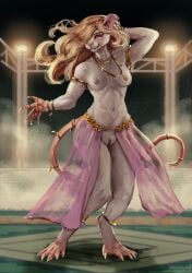 anthro areola biped blonde_hair breasts clothed clothing dancer_outfit dancing digital_media_(artwork) ear_piercing ear_ring eyelashes female fingers fur genitals gold_(metal) gold_jewelry hair harem harem_jewelry harem_outfit hi_res jewelry kronte long_hair looking_at_viewer mammal mostly_nude mostly_nude_anthro mostly_nude_female murid murine necklace nipples piercing rat rat_tail red_eyes ring_piercing rodent shannon_(bahumot) silk skimpy small_breasts smile solo tail teeth translucent translucent_clothing vulva whiskers white_body white_fur