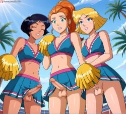3futas ai_generated alex_(totally_spies) blonde_hair blue_eyes boobly brown_eyes brown_hair cheerleader cheerleader_uniform clover_(totally_spies) from_below futa_on_futa futa_with_futa futanari green_eyes intersex medium_breasts orange_hair outdoors pom_poms public_nudity sam_(totally_spies) skirt totally_spies upskirt