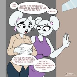 2d 2girls areolae big_breasts bra breasts carla carla_en_la_oficina clothed comic_panel dress female female_only karla marioa13 office_lady spanish_dialogue spanish_text speech_bubble stickman stickwoman