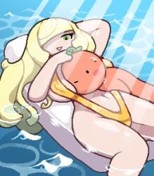 1boy 1girls bikini blonde blonde_female blonde_hair blonde_hair_female female green_eyes light-skinned_female light_skin long_hair lusamine_(pokemon) male mature_female milf okami_tomato pokemon pokemon_sm smile straight sunlight sweat sweatdrop swim swimming_pool tomato tomato_(okami_tomato) voluptuous voluptuous_female water