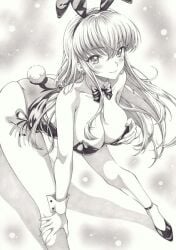 1girls ass bent_over blush breast_grab bunny_ears bunnysuit c.c. cleavage code_geass female groping_breasts high_heels looking_at_viewer mikuro smile solo