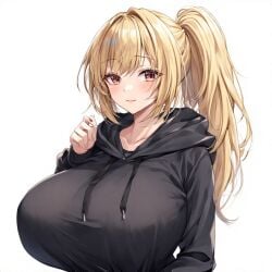 ai_generated big_breasts blonde_hair hazel_eyes hoodie orange_eyes perchance_ai ponytail tagme