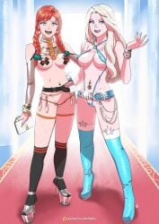 2girls :d absurdres anna_(frozen) bag bare_arms bare_shoulders belt belt_chain bikini blonde_hair blue_eyes bracelet braid breasts cleavage cleft_of_venus coin_purse collar condom condom_belt condom_packet_strip condom_wrapper corruption covered_nipples disney earrings elsa_(frozen) eyeliner eyeshadow fake_nails female female_only fishnets freckles frozen_(film) fuck_me_(text) full_body glitter high_heels highres holding holding_bag innie_pussy jewelry lipstick long_fingernails long_hair looking_at_viewer lube makeup medium_breasts micro_bikini multiple_bracelets multiple_females multiple_girls navel navel_piercing necklace open_mouth open_toe_shoes pasties patreon_username piercing platform_footwear platform_heels profanity pussy pussy_peek red_hair revealing_clothes shrug_(clothing) sisters skimpy_clothes slingshot_swimsuit small_breasts smile standing stiletto_heels stockings swimsuit tekuho thighhighs tissue tissue_box tongue_piercing twin_braids underboob used_condom white_nail_polish x_pasties yellow_lips