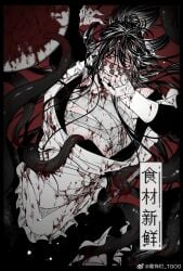 1boy alternate_costume apron bags_under_eyes bandaged_chest bandaged_leg bandages biting_own_finger black_border black_dress black_hair black_nails blood blood_on_arm blood_on_bandages blood_on_chest blood_on_clothes blood_on_face blood_on_hands blood_on_leg blood_on_plate blood_splatter blush border chinese_commentary chinese_text clothes_pull coin coin_mask convenient_censoring creature crossdressing dao_gui_yi_xian dress enmaided finger_in_own_mouth floating_hair frilled_apron frills hair_bun hand_up highres holed_coin injury li_huowang li_sui_(tentacles) long_hair looking_at_viewer lying maid maid_apron male_focus mask monochrome mouth_veil nail_polish on_back open_clothes open_dress outside_border partially_undressed pectorals plate red_background red_eyes single_hair_bun solo spot_color sweat tears teeth tentacle tentacle_sex tentacles_on_male tentacles_under_clothes tgoo torn_clothes veil watermark weibo_watermark white_apron