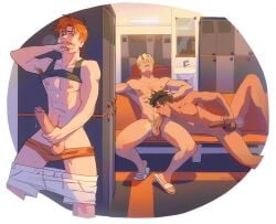 3guys blowjob changing_room dieonysuz locker_room male male_only masturbating_during_fellatio masturbation public shirt_up shorts_down tank_top underwear_down voyeur