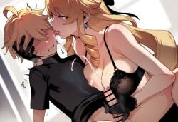 aether_(genshin_impact) ai_generated bra censored cum faceless_male female femdom genshin_impact handjob icomerrr navia_(genshin_impact) nipples teeth