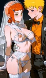 1boy 1female 1girls ai ai_generated ben_10 ben_10_(classic) blonde_hair blue_eyes bra breasts female gloves green_eyes gwen_tennyson jewelry lingerie lingerie_bra lingerie_panties male naruto nipples open_nipple_bra orange_hair short_hair tiara uzumaki_naruto veil white_gloves
