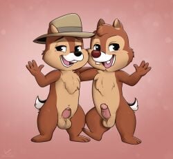 anthro balls black_eyes brown_body brown_fur chip_'n_dale_rescue_rangers chip_(disney) chipmunk clothing dale_(disney) digital_media_(artwork) disney duo erection foreskin fur genitals ground_squirrel hair hat hat_only headgear headgear_only headwear headwear_only hi_res humanoid_genitalia humanoid_penis looking_at_viewer male male_only mammal mostly_nude nude penis posing_for_picture rodent sciurid simple_background smile uncircumcised zeklullaby