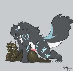 anthro ass big_butt blizzard_entertainment bovid bovine canid canine canis digital_media_(artwork) duo female fur genitals hair hi_res male male/female male_penetrating mammal milksplatter moredrasia_moonhorn nipples nude penetration penis sex slightly_chubby slightly_chubby_female tauren warcraft wolf