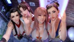 4girls absurd_res arms_up big_breasts black_hair bra braid breasts brown_eyes brown_hair capcom choker chun-li dead_or_alive fatal_fury female hair_bun hair_ornament hand_on_chin hazel_eyes highres honoka_(doa) king_of_fighters lipstick loose_hair mai_shiranui maiden-masher miko momiji_(ninja_gaiden) multiple_girls ninja_gaiden phone pink_hair race_queen red_eyes selfie smile snk street_fighter street_fighter_6 tank_top tecmo