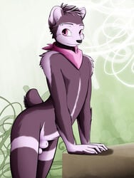 1boy arms ass cute eyebrow_piercing fur girly hair jelli leaning legs lip_piercing looking_at_viewer male male_only mime multicolored_hair nude panda piercing pink pink_eyes purple scarf shadow sheath shiuk short_hair shoulder_tuft solo tail