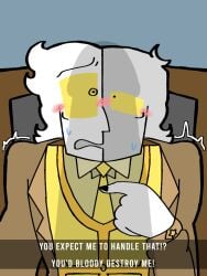 big_penis blushing_at_viewer british_male brown_jacket clothed_male cock_shadow fear freaking_out glasses grey_hair huge_cock it'll_never_fit narrator_(the_stanley_parable) nervous nervous_male nervous_sweat office office_chair penis_shadow shaking submissive_male the_stanley_parable unexpected viewer_perspective viewer_pov white_hair yellow_eyes yellow_glasses