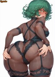 2025 ai ai_assisted ai_generated anime anime_girl anime_style artist_name ass ass_focus ass_grab ass_support ayamiko blush breasts curly_hair deep_skin female fishnets from_behind garter_straps grabbing_own_ass green_eyes green_hair hands_on_ass hi_res high_quality high_res high_resolution highres huge_ass looking_at_viewer looking_back one-punch_man open_mouth patreon patreon_username short_hair simple_background skindentation solo spread_ass tatsumaki thick_thighs thighhighs thighs uncensored watermark white_background