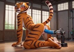 1girls ai_generated anal anal_sex anthro ass blush dildo dildo_in_ass dildo_machine dreamworks female kung_fu_panda looking_at_viewer looking_back looking_back_at_partner master_tigress masturbation moaning_in_pleasure nude on_all_fours orange_eyes pantherine pussy rear_view tiger