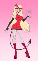 1girls arm_sleeves charlie_morningstar charlie_morningstar_(hazbin_hotel) cheek_dots demon_tail female female_focus female_only grey_skin hazbin_hotel heel_boots hourglass_figure lipstick long_hair long_legs medium_breasts perky_breasts platform_heels purple_lipstick red_hair_stripe red_iris samson_00 slender slender_body slender_waist smiling teeth_showing thigh_high_boots twitter_link vivienne_medrano yellow_eyes yellow_hair