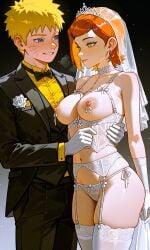 1boy 1female 1girls ai ai_generated ben_10 ben_10_(classic) blonde_hair blue_eyes bra breasts female gloves green_eyes gwen_tennyson jewelry lingerie lingerie_bra lingerie_panties male naruto nipples open_nipple_bra orange_hair short_hair tiara uzumaki_naruto veil white_gloves