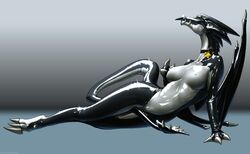 arms black breasts claws closed_legs collar dragon dragoness female kemono_inukai latex leaning legs nipples on_side pussy rule_63 scalie shiny simple_background skyshadow tail tail_between_legs white_scales wings