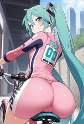1girls ai_generated aqua_eyes aqua_hair ass ass_focus bicycle bike_shorts blush city female fingerless_gloves from_behind hatsune_miku looking_at_viewer looking_back nibba outdoors pink_bodysuit sitting small_breasts smile sweat twintails very_long_hair