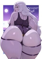 1girl amethyst_(steven_universe) artist_name ass ass_focus ass_support bare_shoulders bent_overy black_eyes breasts cartoon_network close-up curvy female from_behind from_behind, from_below full_moon half-closed_eyes halftone halftone_background huge_ass jpg large_breasts leaning_forward letterbox letterboxed lips long_hair looking_at_viewer looking_back monochrome moon neutral_expression night polka_dot puckered_lips purple_lips purple_lipstick purple_skin questionable reactchips signature skindentation solo steven_universe tagme thick_thighs thigh_gap thighs twitter_link unmoving_pattern wide_hips