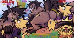 animal_genitalia collar dragon french_kissing futa/male futanari gameplay_mechanics garbagioni genitals gesture gnoll hand_gesture hi_res hybrid hyena intersex intersex/male kissing knotting kobold male mammal mythological_creature mythological_scalie mythology pseudo-penis scalie shasall_hetrin_(garbagioni) status_effect v_sign