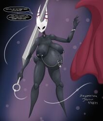 2023 abdomen alternate_breast_size areolar_melanosis arthropod artist_name belly_chain big_belly big_nipples black_body body_markings breasts cloak dated dialogue english english_dialogue english_text fanart female functionally_nude functionally_nude_female holding_object holding_weapon hollow_knight hornet_(hollow_knight) huge_areolae huge_breasts mask masked masked_female navel navel_pendant navel_piercing navel_ring nipple_barbell nipple_piercing nipples non-human non-mammal_breasts piercing popped_navel pregnant pregnant_belly pregnant_female sagging_breasts sewing_needle shewantsthejoystick solo speech_bubble standing stylized_background thick_thighs throwing_clothing watermark white_mask