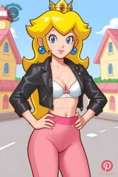 2025 ai_generated alfrehr203 belly black_jacket blonde_female blonde_girl blonde_hair_female blue_earrings blue_eyes_female bra_visible_through_clothes brown_eyebrows city_background deviantart golden_crown hands_on_hips looking_at_viewer mario_(series) meta nintendo not_porn pink_lipstick pink_pants pinterest princess_peach smile_at_viewer smiling_at_viewer super_mario_bros. tummy white_bra