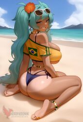 1girls 2d ai_generated aqua_hair ass barefoot big_ass big_breasts bikini bracelet brazilian_miku breasts dark-skinned_female earrings erophoenix eyewear_on_head feet full_body grin hair_flower hair_ornament hatsune_miku huge_breasts jewelry kneeling long_hair looking_at_viewer looking_back nail_polish patreon_username shorts smile soles solo solo_female sunglasses swimsuit tan tellow_shirt thick thick_thighs toes uncensored vocaloid