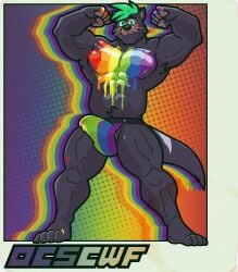absurd_res anthro barefoot black_body black_fur blush blush_lines bodypaint border bulge clothed clothing dasyurid dasyuromorph feet fur green_eyes green_hair hair halftone halftone_background hi_res jockstrap jockstrap_only lgbt_pride male mammal marsupial multicolored_clothing muscular muscular_anthro muscular_male nipples outcast-stars partially_clothed pattern_background pecs pride_color_clothing pride_colors rainbow_background rainbow_bodypaint rainbow_clothing simple_background solo tasmanian_devil topless underwear underwear_only weyland_here white_body white_fur