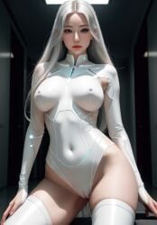 ai_generated android android_girl armwear asian asian_female bodysuit breasts cinematic curvy curvy_body curvy_female curvy_figure curvy_hips dramatic elf_ears flat_hair hallway human lamp long_hair looking_at_viewer looking_down luminous medium_breasts neckwear original original_character pale-skinned_female pale_body pale_skin pussy pussy_lips ribs seductive seductive_body seductive_look seductive_pose soft_lighting soft_smile solo solo_female solo_focus space space_suite spacecraft spaceship standing thighhighs thighs walking walking_towards_viewer white_hair white_legwear white_suit