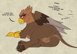 anus ass avian backsack ball_tuft balls beak beak_sheath blush brown_body brown_feathers brown_fur catcall clenched_teeth dental_dam denzeltip dialogue embarrassed english_text eyelashes eyeshadow fan_character feathered_wings feathers femboy feral fur genitals gryphon hasbro hi_res lying makeup male misgendering multicolored_wings my_little_pony mythological_avian mythological_creature mythology offscreen_character on_side painted_claws pawpads presenting presenting_anus presenting_balls presenting_hindquarters reclining scutes sexual_barrier_device sexual_dental_dam simple_background solo tail tail_aside teeth text tuft wings yellow_beak yellow_scutes
