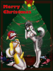 2010s 2011 arms_behind_back ball_gag blindfold blush bondage breasts canine christmas christmas_tree collar dildo female holidays knot kyma male malesub nude penis sex sex_toy straight yellow