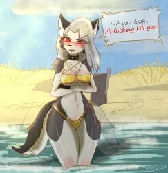 1girls anthro arms_crossed arms_under_breasts beach big_breasts bikini blush breast_squish breasts canid canid_demon canine clothing demon ear_piercing ear_ring english_text female furry gold_bikini gold_clothing golden_week hellhound helluva_boss long_hair loona_(helluva_boss) mammal mythological_canine mythological_creature mythology piercing profanity ring_piercing seaside solo spiked_collar sprrigs- squish standing_in_water swimwear tail tail_motion tailwag talking_to_another text thick_thighs underboob water wolf wolf_girl