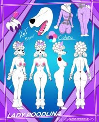 absurd_res accessory anthro ass background_character big_breasts big_butt big_hair big_nipples blue_eyes bow_ribbon breasts canid canine canis clothing colored_nails diamond_(gem) domestic_dog epic_games female footwear fortnite fur gem genitals hair hi_res high_heels jumpsuit lady_poodlina larger_female looking_at_viewer mammal model_sheet nails nipples nude open_mouth pink_nipples pink_pussy poodle pussy ring shoes size_difference solo sugarpoodle teeth thick_thighs unnamed_poodle_(fortnite) white_body white_fur