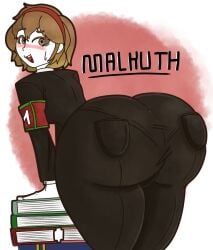 1girls acubedpersonoid ass ass_focus big_ass blush book brown_eyes brown_hair clothed_female clothing fat_ass female female_only flustered gradient_hair hairband huge_ass leaning_forward lobotomy_corporation looking_at_viewer looking_back malkuth_(lobotomy_corporation) open_mouth panties_visible_through_clothing pantylines project_moon rear_view short_hair smile solo suit sweatdrop thick_thighs