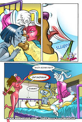 anthro anus areola balls big_breasts breasts bunnie_love bunnie_love_(character) canine canine comic dialog english_text erect_nipples erection feline feline fellatio female lagomorph male nipples nude oral oral_sex penis pussy rabbit sex tagme tanya_(character) text