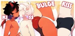 2025 2boys 2d 2d_(artwork) ass bulge bulge_frottage bulge_kiss cute cute_male earrings english english_text femboy femboy_only gay hair_accessory high_resolution highres humanoid indie_virtual_youtuber kinksani kissing lion_boy lion_tail male male_only nipple_kiss original original_character packet_(packet_of_biscuits) sanikink_(artist) short_hair streamer text thong virtual_youtuber