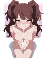 :p absurdres ai-assisted ai_assisted ai_generated armpit_crease blush breasts brown_hair collarbone completely_nude cum cum_on_body cum_on_breasts cum_on_hands earrings facial female guilegaze highres jewelry kujikawa_rise long_hair looking_at_viewer medium_breasts nipples nude pearl_earrings persona persona_4 seiza sitting solo tongue tongue_out twintails very_long_hair yellow_eyes