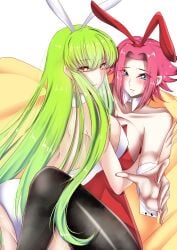 2girls asymmetrical_docking big_breasts blue_eyes bunny_ears bunnysuit c.c. cleavage code_geass duo female female_only green_hair large_breasts long_hair looking_at_viewer looking_back oojonazaresu red_hair yellow_eyes