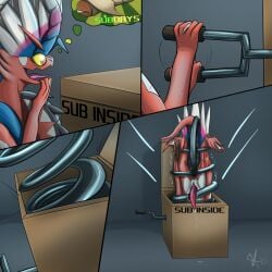 anal anal_sex ancient_pokemon animal_genitalia apex_build_koraidon arms_tied bound box claws coiling comic container crank curious erection fake_brand feathers feet feral forced generation_9_pokemon genital_slit genitals hi_res hungry koraidon legendary_pokemon legs_tied male membrane_(anatomy) metal nintendo paradox_pokemon penetration penis pokemon pokemon_(species) schuppenritter simple_background solo tail tapering_penis toes tongue upside-down webbed_feet webbed_hands
