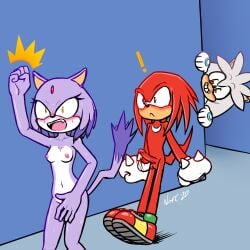 absurd_res anthro aroused balls bare_hands blaze_the_cat blush breasts clothing covering covering_crotch covering_self dipstick_tail domestic_cat echidna embarrassed erection eulipotyphlan felid feline felis female footwear forehead_gem fur gem genitals gloves grey_body grey_fur grin group hallway handwear hedgehog hi_res humanoid_genitalia humanoid_penis knuckles_the_echidna male mammal markings monotreme multicolored_body multicolored_fur nipples notsafeforcurt nude offscreen_character peeking_around_corner penis purple_body purple_eyes purple_fur red_body red_fur sega shaking_fist shoes silver_the_hedgehog small_breasts smile sonic_(series) sonic_the_hedgehog_(series) spiked_gloves spikes tail tail_markings trio wet wet_body wet_fur white_body white_clothing white_fur white_gloves white_handwear yellow_eyes