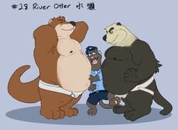 2025 anthro belly big_belly black_nose bottomwear brown_body bulge closed_eyes clothing group hat headgear headwear hi_res jockstrap kemono male male/male mammal moobs mustelid navel nipples nookdae otter overweight overweight_male shirt shorts simple_background topwear underwear